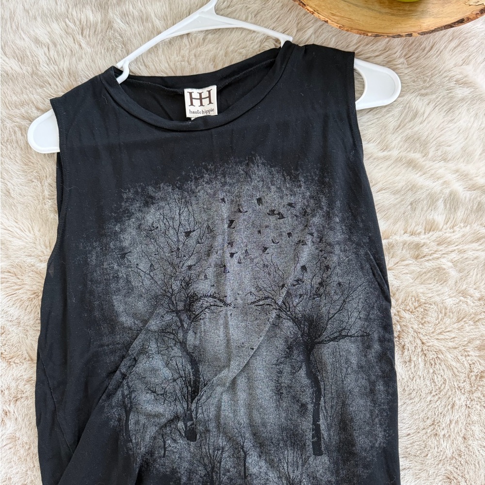 Haute Hippie Black Graphic Tree & Bird Sleeveless Tank